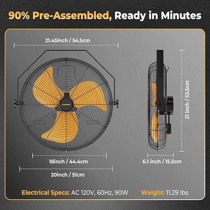 18 Inch Wall Mount Fan, Extended 6.6ft Power Cord, 360° Tilt Adjustment, 3-Speed, IP44 Industrial Commercial Wall Mounted Fan for Greenhouse, Garage, Workshop, Covered Patio, 1 Pack-PawvioPets