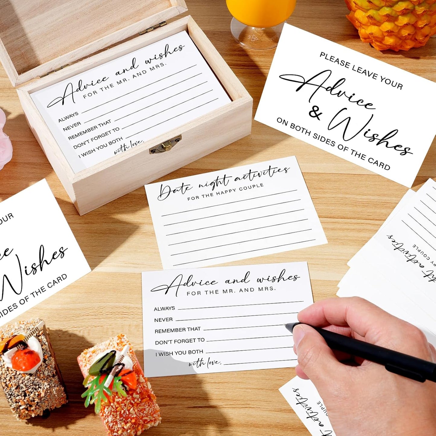 85 Pcs Advice and Wishes Cards Wooden Box Set for The Mr and Mrs,White Advice and Wishes Cards with Black Pen for the Bride and Groom,Bridal Shower,Wedding Party Game Decorations Supplies