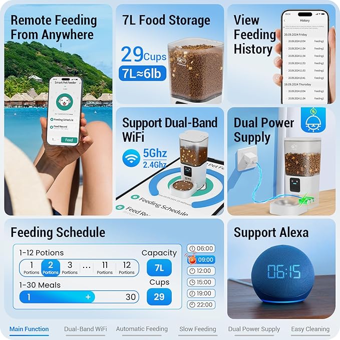 Automatic Cat Feeder with Slow Feed: 5G WiFi Automatic Dog Feeder with APP Control, 7L Auto Cat Food Dispenser with Alexa for Multiple Pets, Detachable for Easy Cleaning - 29 Cup-PawvioPets