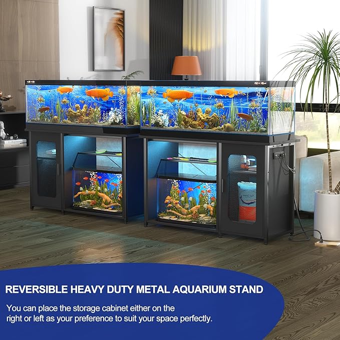 55-75 Gallon Fish Tank Stand with Power Outlets & LED Light, Reversible Heavy Duty Metal Aquarium Stand with Cabinet for Fish Tank Accessories Storage, Turtle/Reptile Terrariums, Black-PawvioPets