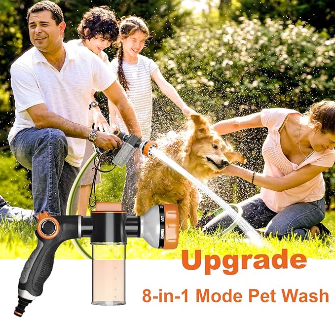 Dog Washing Hose Attachment, Pet Shower, Upgrade 8-in-1 Mode Dog Shower Attachment with 3.5oz 100cc Soap Dispenser, Replacement Hose Adapter for Pet Washing Irrigated Lawn Patio Car Cleaning-PawvioPets