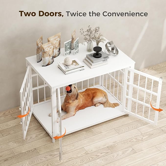 38 Inch Heavy Duty Wooden Dog Kennel End Table with Double Door Design and Secure Locks, Indoor Pet Crate Furniture for Medium Dogs, Decorative Home Cage Design,White-PawvioPets
