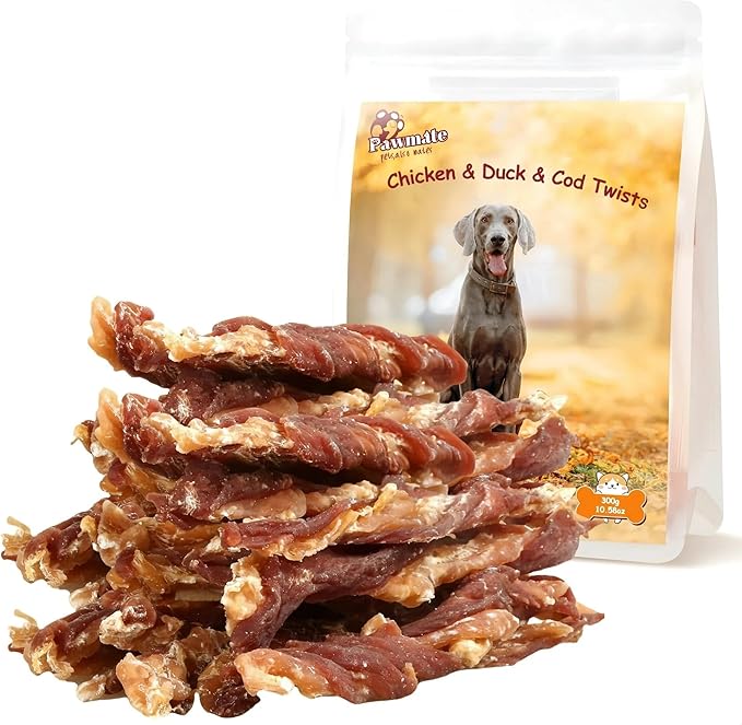 Dog Jerky Treats Triple Flavor Chicken Duck Wrapped Cod Twisted Sticks 5'', Rawhide Free Grain Free Dog Training Snacks Chews for Small Medium Large Dogs, 10.6 oz-PawvioPets