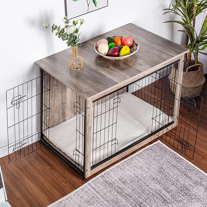 DWANTON Dog Crate Furniture with Cushion, Wooden Kennel Table with Double Doors, Indoor Dog House, Large Size, 38.5" L, Greige-PawvioPets