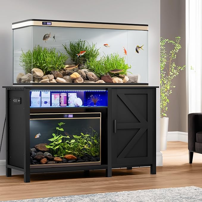 Aquarium Stand for 55-75 Gallon Fish Tanks with RGB Light Strip Black Modern Contemporary Wood-PawvioPets