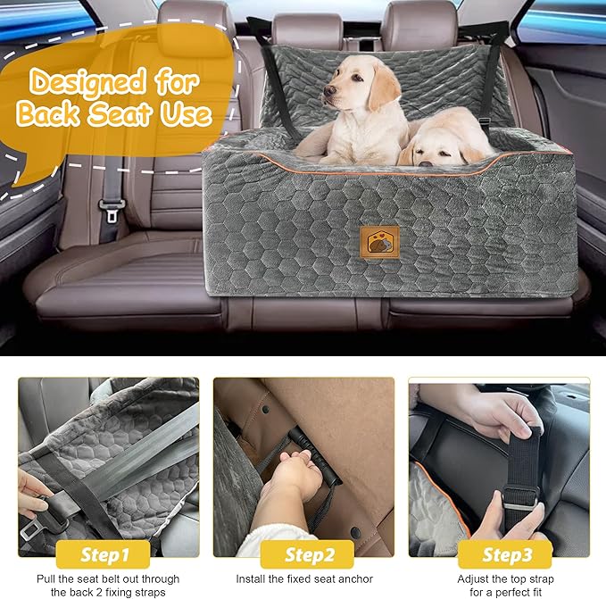 Dog Car Seat for Medium/Large Dog Booster Seat Under 60 lbs or 2 Small Dogs, Multi-Functional Pet Car Seat with Thick Cushion, 2 Safety Leashes (Gray)-PawvioPets