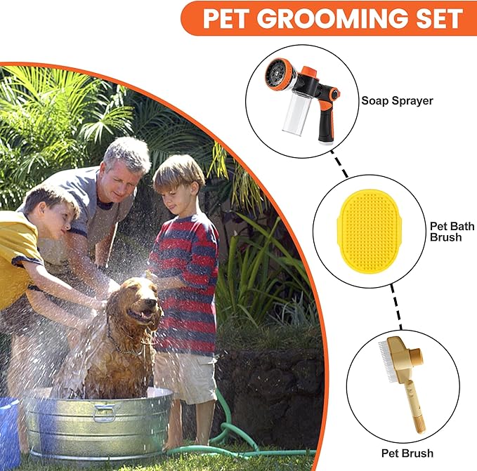 Dog Washing Hose Attachment, 10-in-1 Soap Sprayer Moden Garden Hose Nozzle with 100cc Soap Dispenser, Dog Wash Supplies with Dog Bath Brush & Pet Comb, Foam Gun Car Wash Sprayer (Orange)-PawvioPets