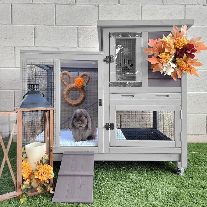 2-Story Rabbit Hutch Indoor Bunny Cage Outdoor Guinea Pig House with Wire Mesh Floor, Leak-Proof Trays, Lockable Wheels for Rabbits, Guinea Pigs, 40.6" L x 26" W x 37.6" H-PawvioPets