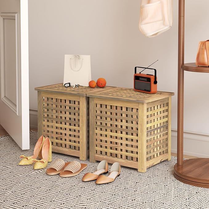 Bench with Storage, Acacia Laundry Hamper with Seat, Storage Benches with Seating for Entryway, Living Room, Bedroom, Bathroom (15.7x19.7x17.7in)-PawvioPets