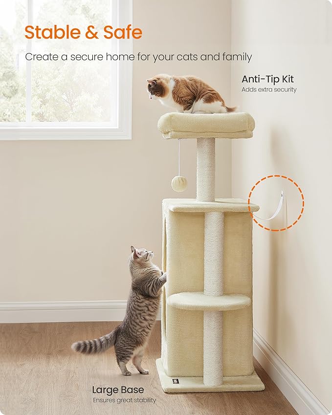 Feandrea Cat Tree Tower with 2 Caves for Multi-Cat Households, Kittens, Scratching Posts, Sand Beige UPCT005Y01-PawvioPets