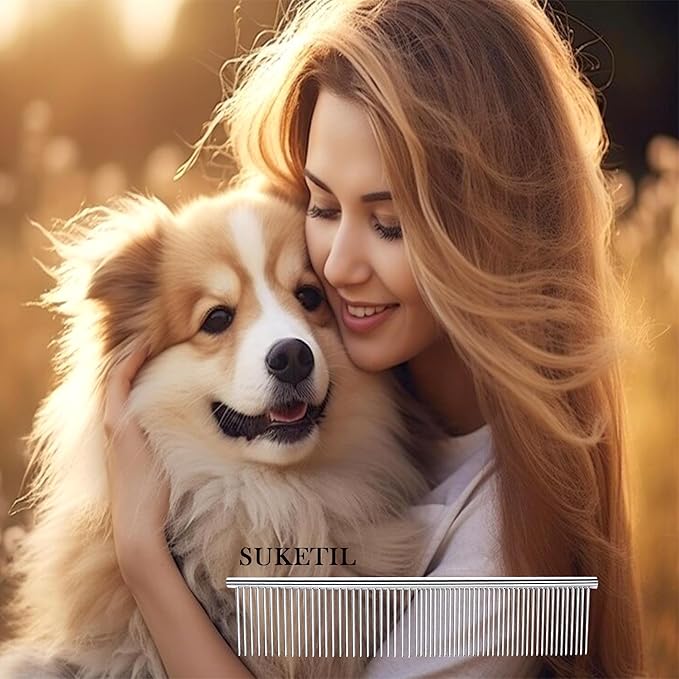 Dog Comb and Cat Combs Stainless Steel Teeth, Grooming Tool for Long & Short Hair, Dematting Comb for Dogs, Removes Tangles & Knots (Large Silver)-PawvioPets