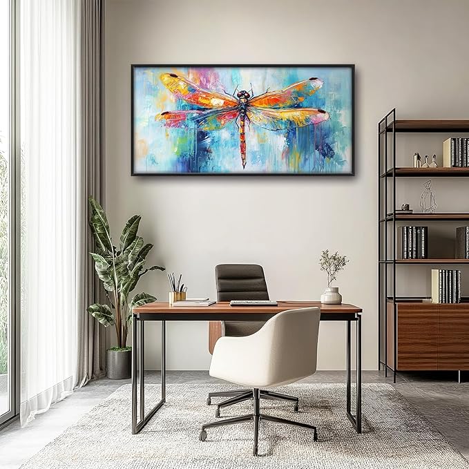 Extra Large Abstract Dragonfly Framed Wall Art for Living Room,Oversized Colorful Dragonfly Pictures Wall Decor,Teal Canvas Print Painting Modern Artwork Bedroom Office Bathroom 60L" x 30W"-PawvioPets