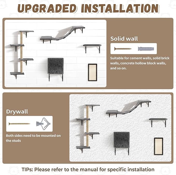 COZIWOW Wall Mounted Cat Furniture, Cat Wall Shelves and Perches, Floating Cat Shelves for Wall Set of 5 (Grey)-PawvioPets