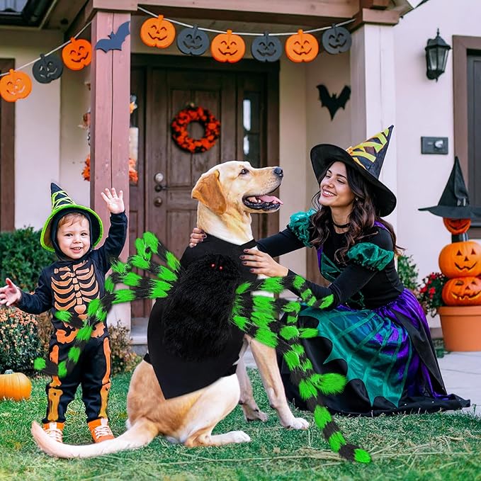 Dog Halloween Costume Large Breed, Furry Dog Spider Costume with 64 LED, Funny Halloween Dogs Costumes for Large Dogs Medium Pet Halloween Party Cosplay (Green)-PawvioPets
