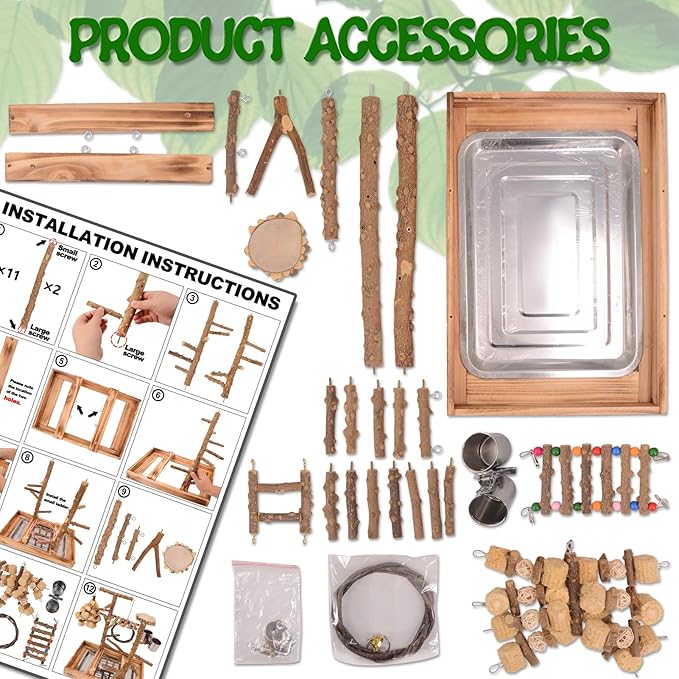 Bird Playground - Natural Wood Bird Perch Stand with Removable Tray and 2 Stainless Steel Cups-PawvioPets