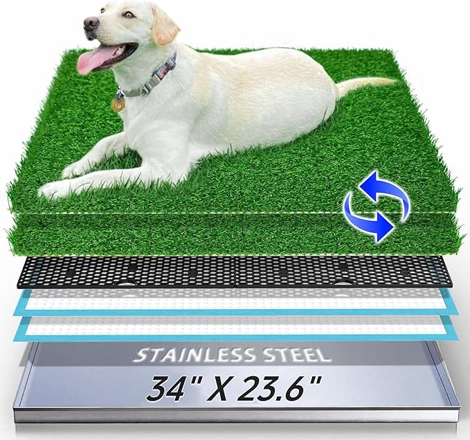 Dog Grass Pad with Tray, Reusable Large Artificial Turf Grass Potty and Puppy Pee Pads for Dogs, Portable Stainless Steel Dog Litter Box for Indoor/Outdoor Potty Training Toilet-PawvioPets