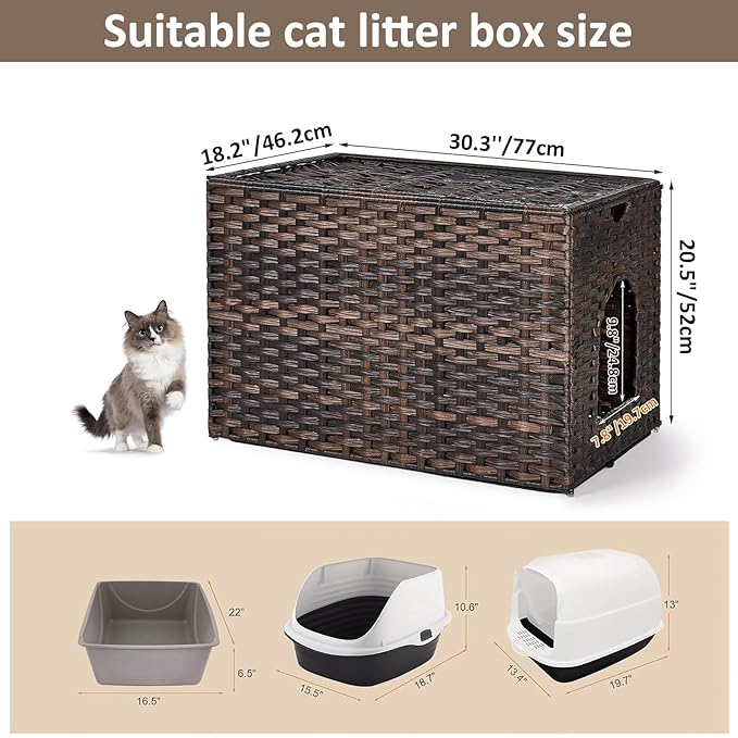 Cat Litter Box Enclosure with Litter Trapping Mat; Handwoven Plastic Rattan Kitten House; No Installation Hidden Cat Washroom; Pet Crate for Balcony,Bedroom,Living Room-PawvioPets