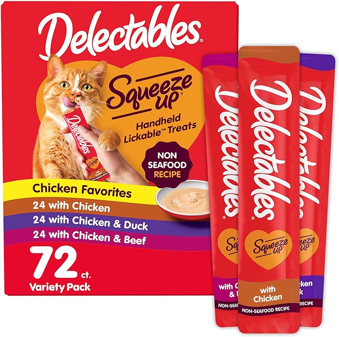 Delectables Squeeze Up Non-Seafood Variety Pack, Creamy Squeezable Puree, Lickable Wet Cat Treats, Grain Free, No Added Fillers, No By-Products, No Added Preservatives, 0.5 Ounces Tube, 72 Tubes Total-PawvioPets