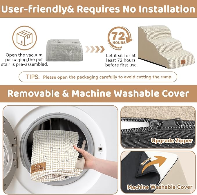 Dog Ramp and Stair for Bed 16" H-20 H,3-Step Cat Stair for Sofa and Chair,4-Step Dog Ramp for High Bed and Window,Durable Nonslip Fabric Cover for Indoor (Beige-16 H, Pet Friendly, 3)-PawvioPets