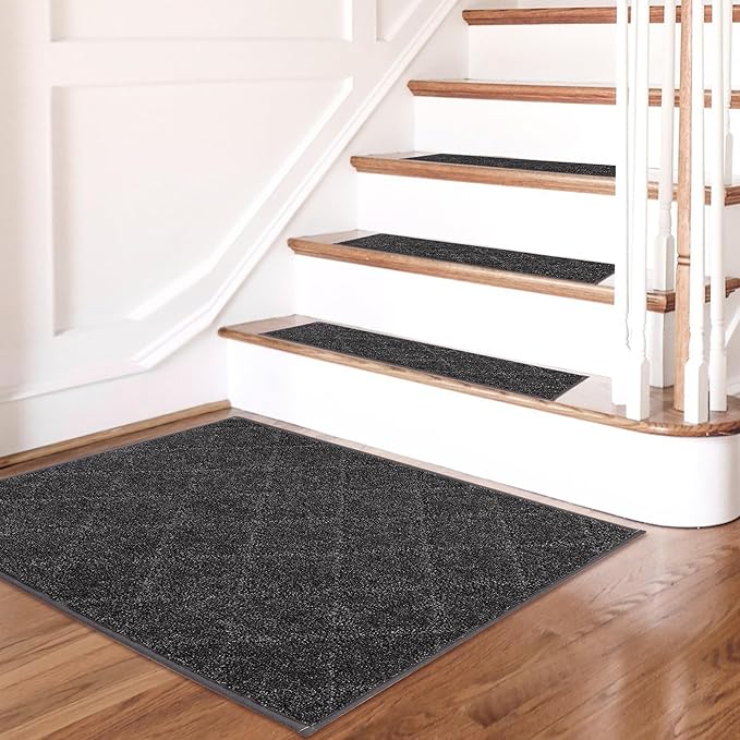 COSY HOMEER Edging Stair Treads Non-Slip Corner Indoor Stair Runners for Wooden Steps,Landing Slip Resistant Stair Rugs for Kids and Dogs, 100% Polyester TPE Backing,Black,20"X32"-PawvioPets