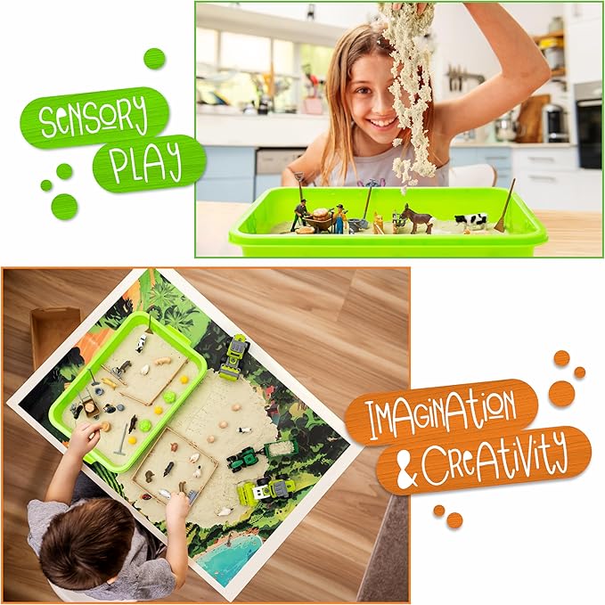 59 PCS Farm Sensory Bin Sandbox with Lid, 2.2 LB Sensory Sand, 40 Toddler Farm Toys, 3 Take Apart Construction Trucks -Sensory Toys for Kids 5-7, 3-4 & Up- Kids Gifts for Boys and Girls-PawvioPets