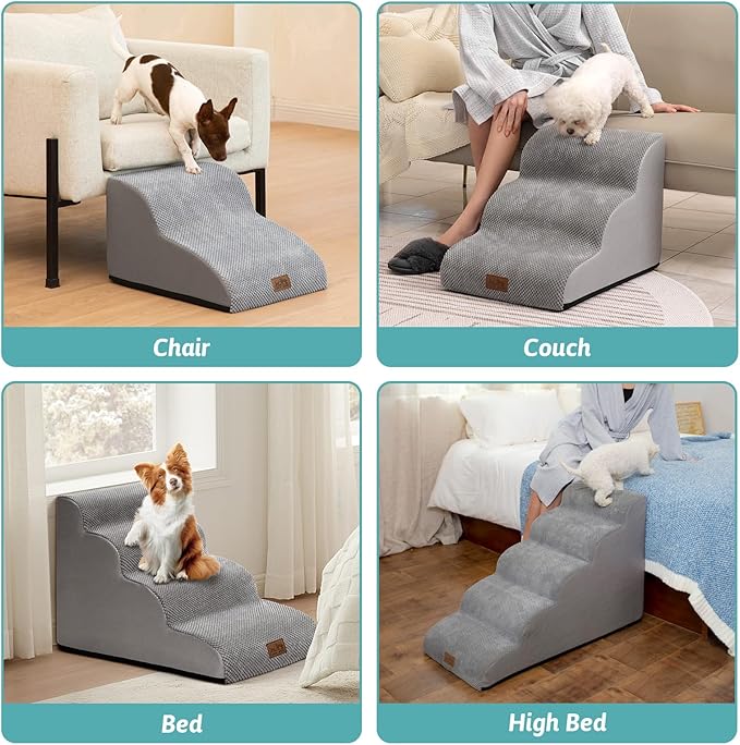 Dog Stairs for Small Dogs 15.7" H, Curved Dog Step for Puppy, Older Cat, Medium Pet Ramp for Sofa, Couch or Bed, Ladder with High Density Foam, 15.7x22.4x15.7 inch, 3 Step, Grey-PawvioPets