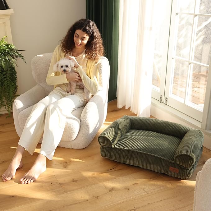 FUKUMARU Dog Couch Bed, Corduroy Cozy Cat Bed for Indoor Cats with Washable Cover, Supportive Waterproof Dog Beds Sofa for Small Dogs and Large Cats Cute, 28inch, Medium, Green-PawvioPets