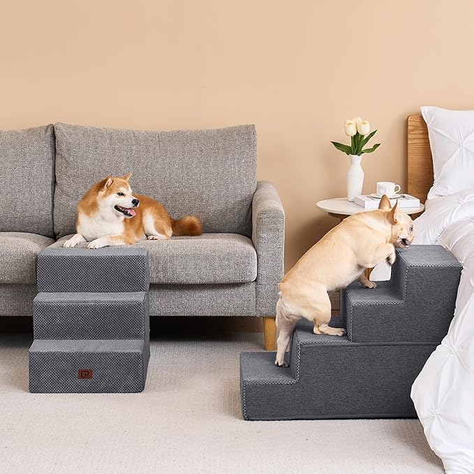 EHEYCIGA Dog Stairs for Bed 20" H, 4-Step Extra Wide Dog Steps for High Bed, Pet Steps for Small Dogs and Cats, Non-Slip Balanced Pet Ramp Indoor, Grey-PawvioPets