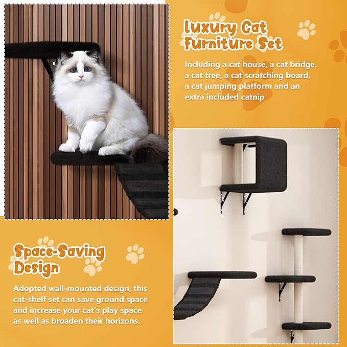COZIWOW Wall Mounted Cat Furniture, Cat Wall Shelves and Perches, Floating Cat Shelves for Wall Set of 5 (Black)-PawvioPets