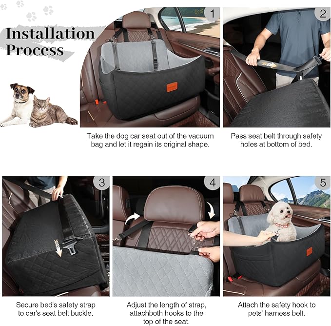Dog Car Seat for Medium & Large Dogs Up to 55lbs, Memory Foam Cushion, Washable Cover, Safety Straps & Non-Slip Base(Black/Grey,Large)-PawvioPets