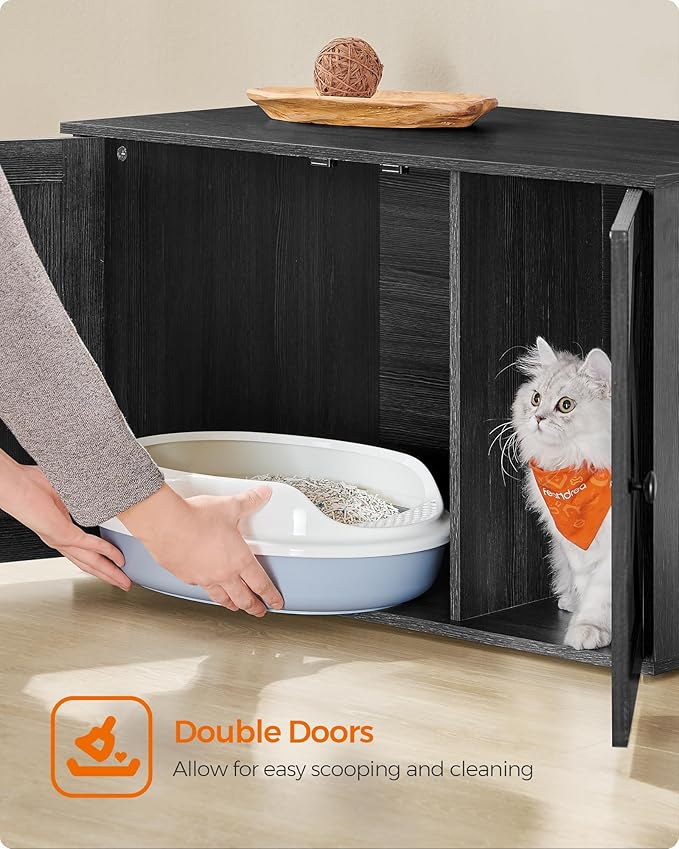 Feandrea Cat Litter Box Enclosure, Litter Box Furniture Hidden with Removable Divider, Indoor Cat House, End Table, 31.5 x 20.9 x 19.7 Inches, Ink Black UPCL002B01-PawvioPets