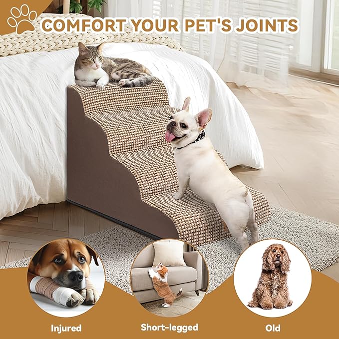 Dog Ramp and Stair for Bed 16" H-20 H,3-Step Cat Stair for Sofa and Chair,4-Step Dog Ramp for High Bed and Window,Durable Nonslip Fabric Cover for Indoor (Coffee-20 H, Pet Friendly, 4)-PawvioPets