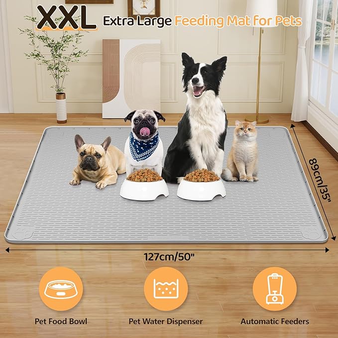Dog Food Mat, Extra Large 50" x 35" Silicone Pet Feeding Mat with Raised Edge Pet Placemat for Small, Medium, and Large Pets Non-Slip, Easy to Clean (Grey)-PawvioPets