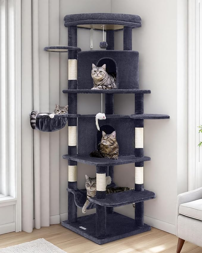 Globlazer Corner Cat Tree for Large Cats, 66inch Tall Curved Series Large Cat Tower for Multiple Indoor Cats with 6 Scratching Posts, 2 Spacious Cat Condos, Hammock, Hanging Basket, C66, Dark Grey-PawvioPets