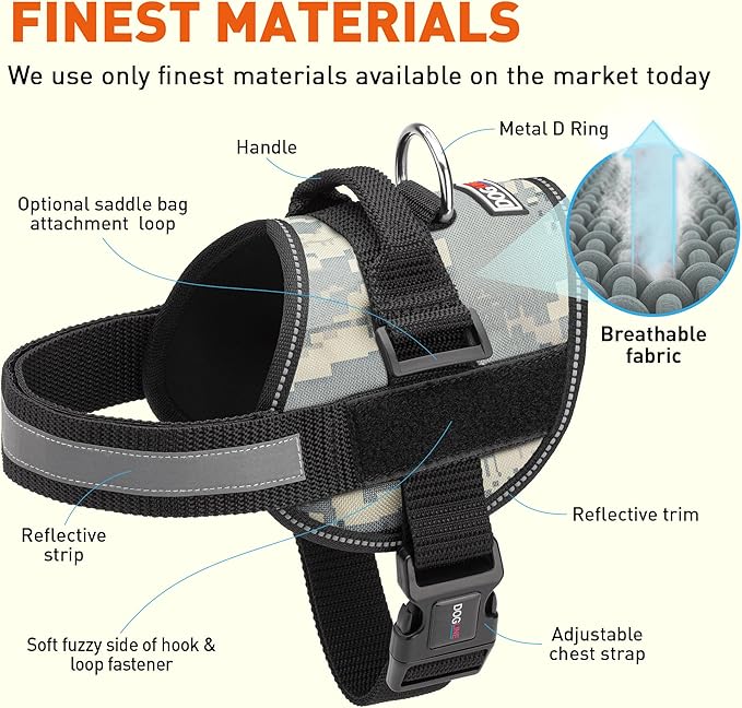Dogline Dog Harness, Reflective No-Pull Adjustable Vest with Handle for Walking, Training, Breathable, No - Choke Harness for Small, Medium or Large Dogs Room for Patches Girth 18 to 24 in Urban Camo-PawvioPets