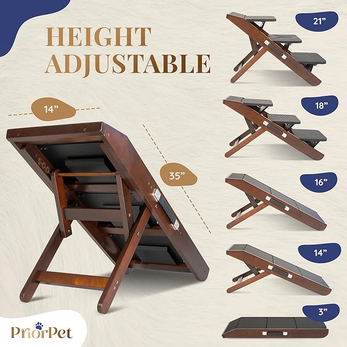 Dog Steps for Bed & Couch 2-in-1 Dog Stairs/Ramp - Height Adjustable Dog Ramp for Couch 7” - 20” - Pet Stairs, Dog Stairs for Small Dogs - Easy to Move Pet Steps with Landing Platform, Walnut-PawvioPets