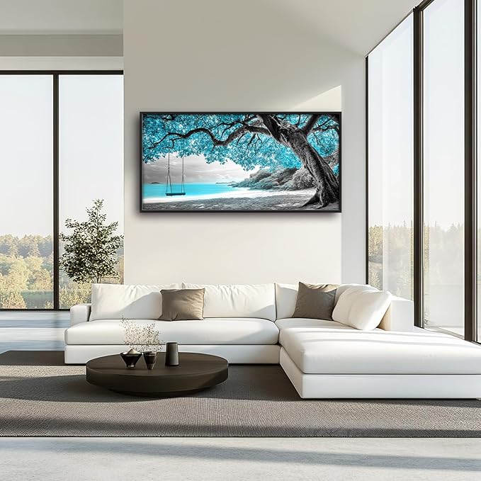 Extra Large Framed Abstract Tree Wall Art,Black and White Tree of Life Wall Decor,Blue Teal Sea Pictures for Living Room,Canvas Print Painting Modern Artwork Bedroom Office Bathroom 60L x 30W-PawvioPets