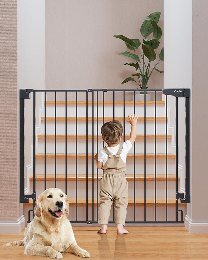 Cumbor 34" Extra Tall No Bottom Bar Baby Gate for Stairs, Auto Close Dog Gate Indoor for Larger Pets, 29.2-43" Hardware Mounted Safety Gate for Doorways, Wide Walk Thru Door for Easy Access (Black)-PawvioPets