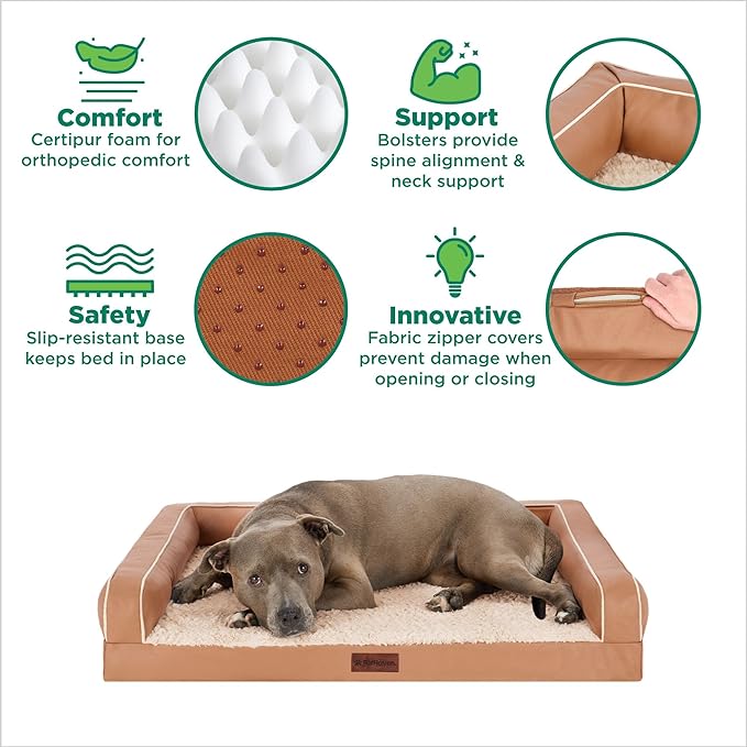 FurHaven Orthopedic Dog Sofa Bed – Memory Foam Couch with Bolsters, Textured Plush & Water-Resistant Cover, Washable Cover, Joint Support - Camel, Jumbo-PawvioPets