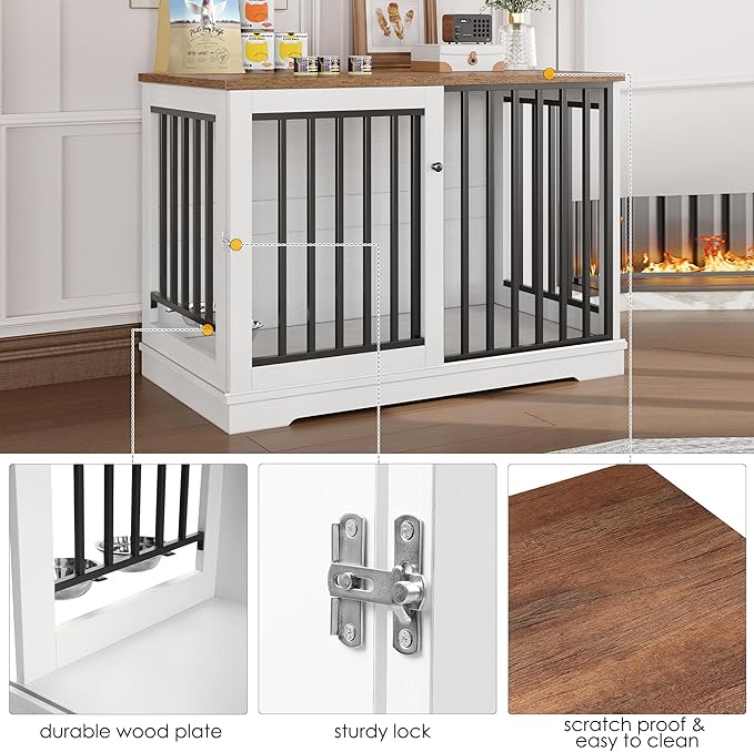 Dog Crate Furniture 47" Large Dog Kennel for Dogs Indoor, Heavy Duty Dog Cage with Sliding Door and 2 SUS Bowls Wooden End Table in Living Room for Small Medium Large Dogs, White-PawvioPets