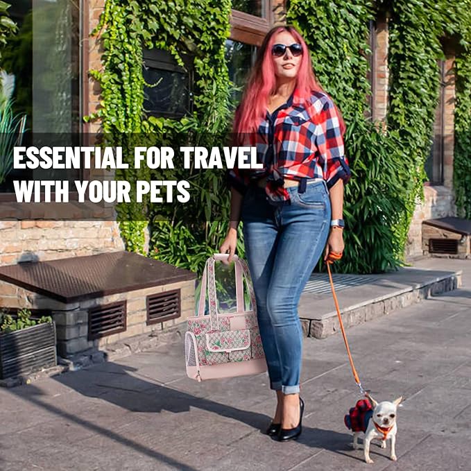 Dog Carrier, Cat Carrier, Pet Carrier, Foldable Waterproof Premium PU Leather Oxford Cloth Dog Purse, Portable Tote Bag Carrier for Small to Medium Cats and Small Dogs (Flower Pattern)-PawvioPets