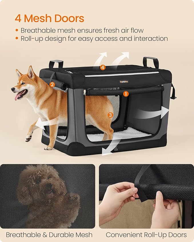 Feandrea Collapsible Dog Crate, 30-Inch Portable Dog Travel Crate for Medium Dogs, Oxford Fabric Pet Carrier with 4 Mesh Doors, Handles, Storage Pocket, Water Bottle Holder, Ink Black UPDC017B01-PawvioPets
