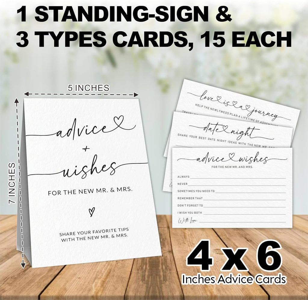 Wedding Advice Cards - Wishes For The New Mr & Mrs Wedding Advice Sign -A Standing Sign With 3 Types Of 4 x 6 Advice Cards -Bride and Groom Newlyweds Bridal Shower Decoration,Games(White) - C01