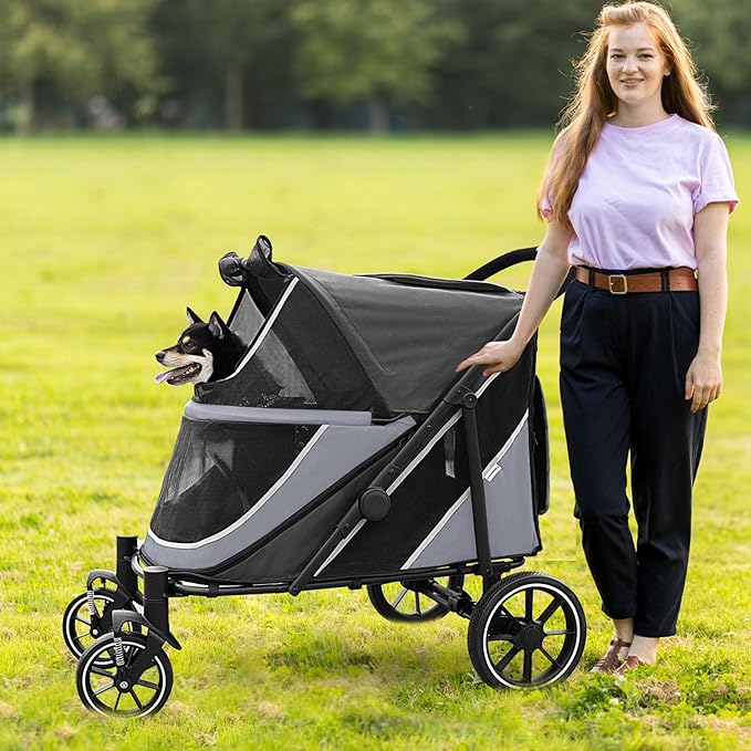 Dog Stroller for Medium/Large Dogs One-Click Folding, Extra Large Pet Stroller for 2 Dogs with Storage Pocket & Shock Absorption, Up to 130 lbs, Grey-PawvioPets