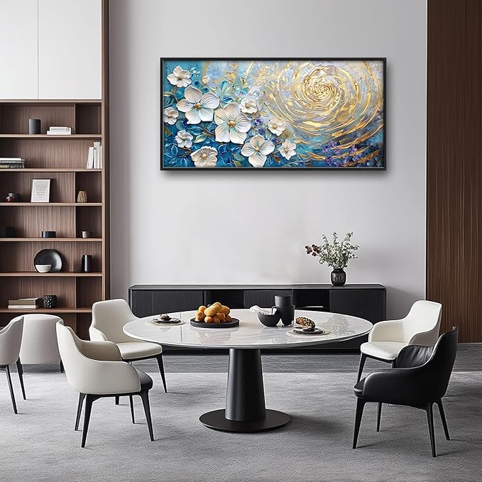 Flower Large Wall Art White Floral Pictures Abstract Golden Spiral Texture Wall Decor Canvas Print Painting Artwork for Bathroom Living Room Bedroom 60L" x 30W"-PawvioPets