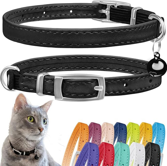 CollarDirect Leather Cat Collar, Kitten Collar with Removable Bell Black Blue Red Orange Lime Green (8-11 Inch, Black)-PawvioPets