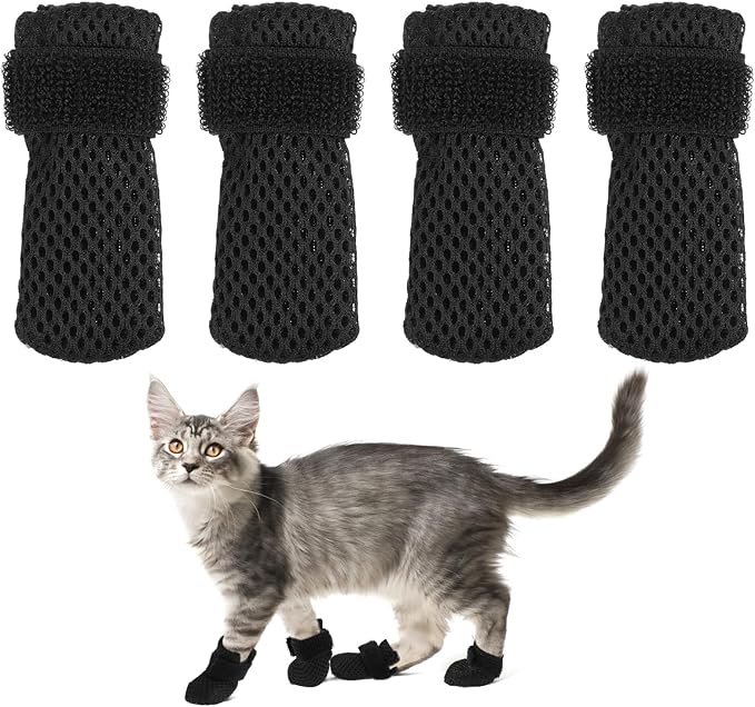 Cat Booties to Prevent Scratching: 4pcs AntiScratch Cat Claw Covers for Feeding Medicine, Pet Grooming, Bathing Shaving Checking, and Nail Trimming, Black Pet Shoes Socks Caps Mittens Paw Protector M-PawvioPets