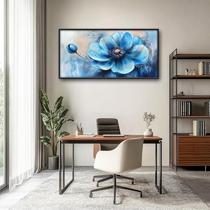Extra Large Abstract Blue Flower Framed Wall Art for Living Room,Oversized Elegant Floral Pictures Wall Decor,Canvas Print Painting Modern Artwork Bedroom Office Bathroom 60L" x 30W"-PawvioPets