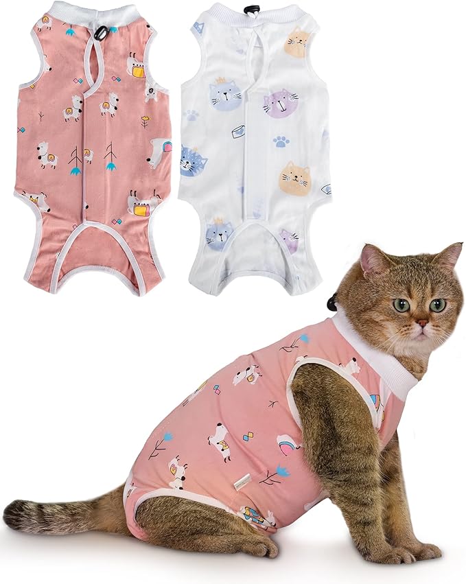 ANWA 2 Pack Cat Recovery Suit - Breathable Cat Onesie for Cats After Surgery Female, Kitten Surgery Recovery Suit Female Abdominal Wounds-PawvioPets