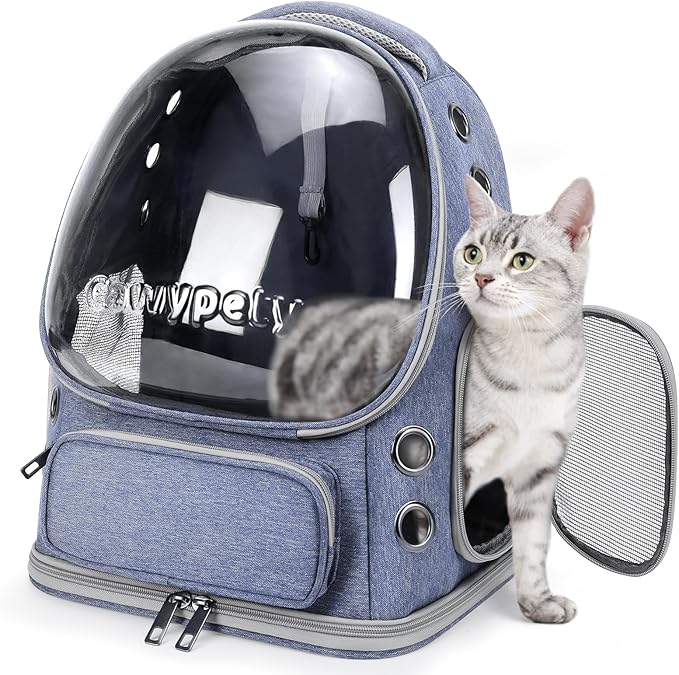 Cat Backpack Carrier, Breathable Cat Carrier Large Space Bubble Pet Backpack for Kitty Small Dog up to 12lbs, Transparent & Foldable Pet Carrier for Travel Hiking (Blue-PawvioPets